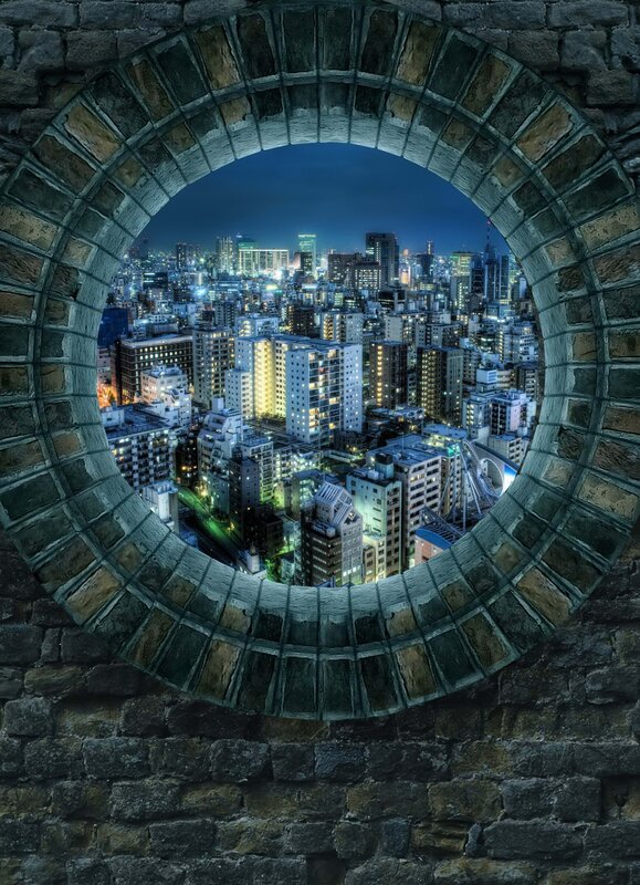 city view through stone window