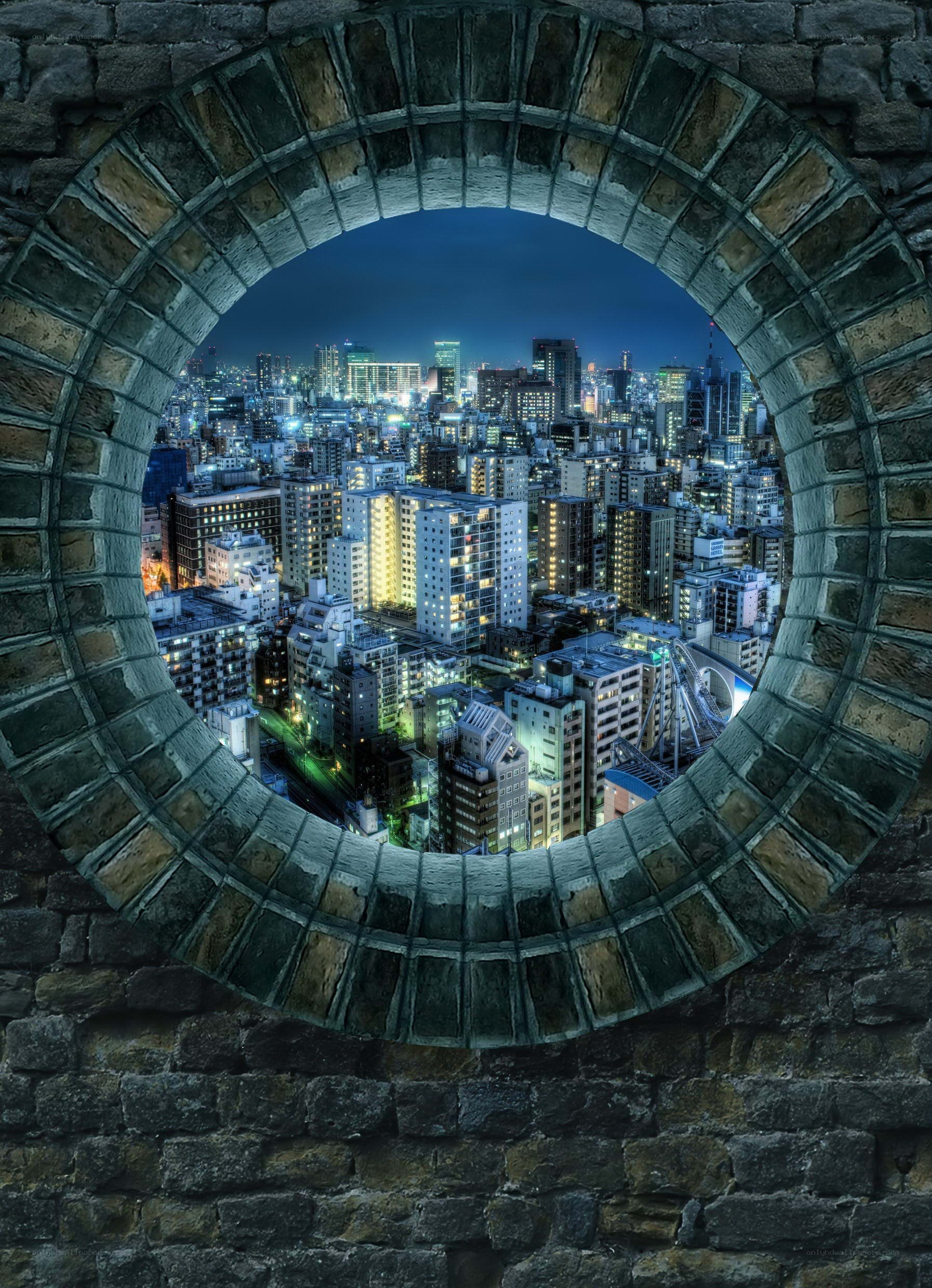 city view through stone window