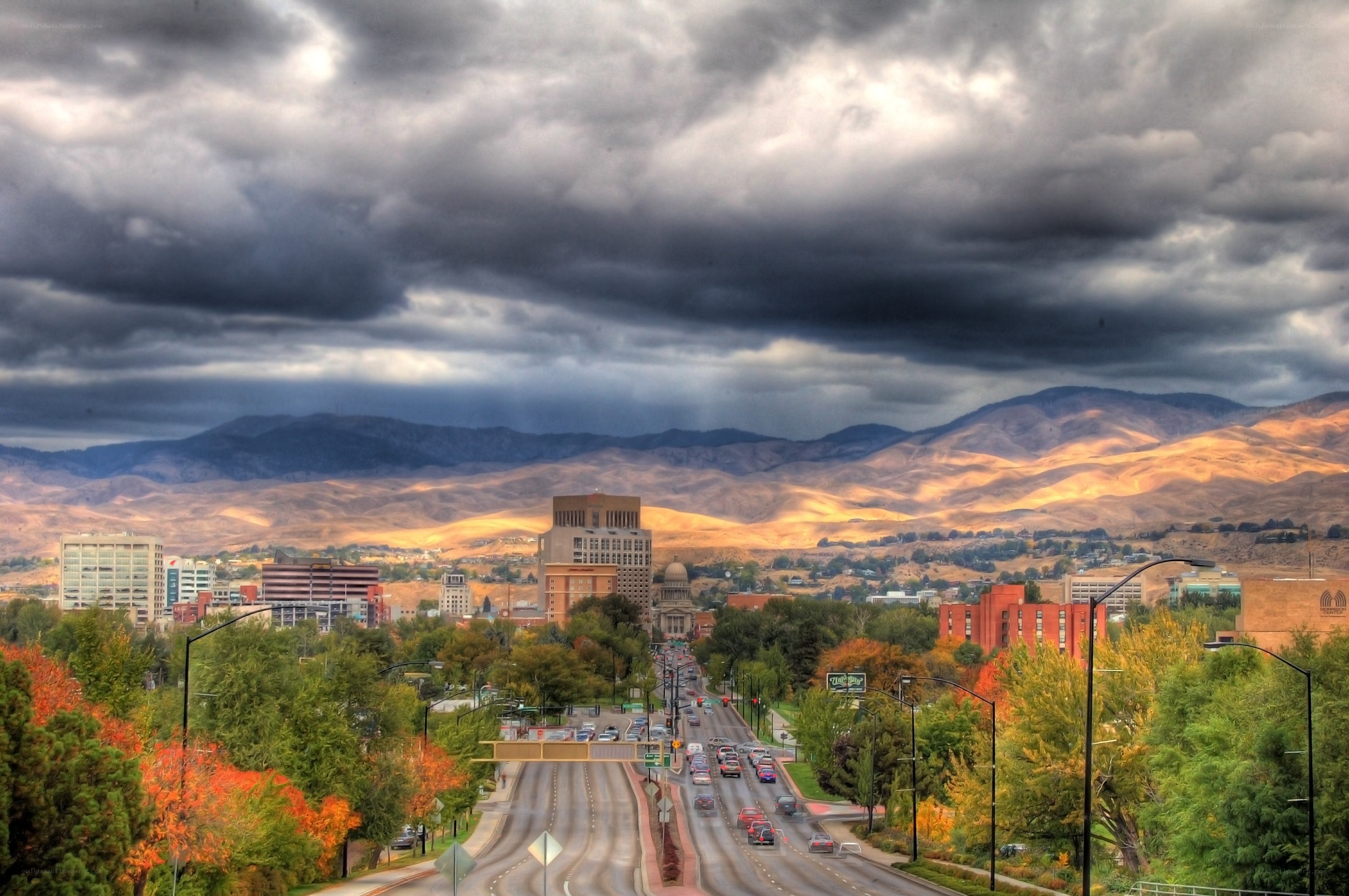 City view under stormy sky
