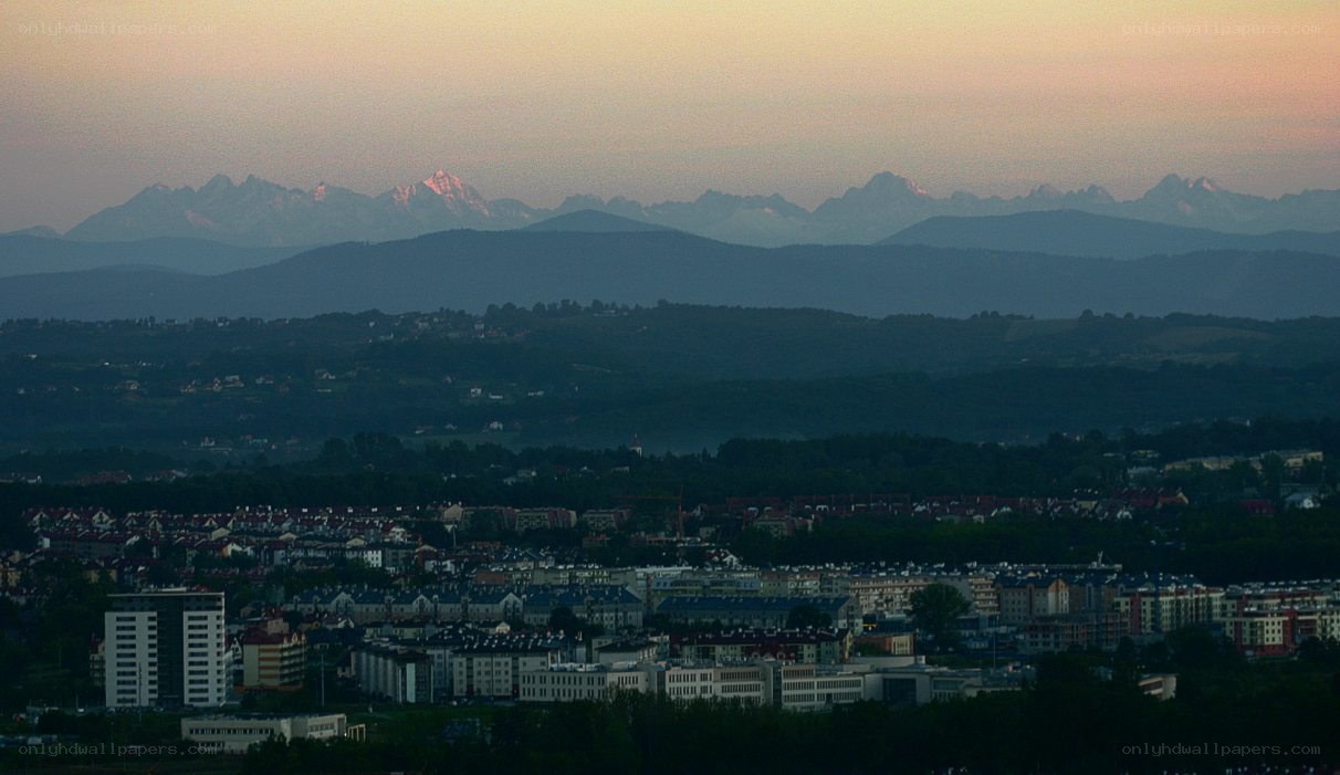 city view with distant mountains