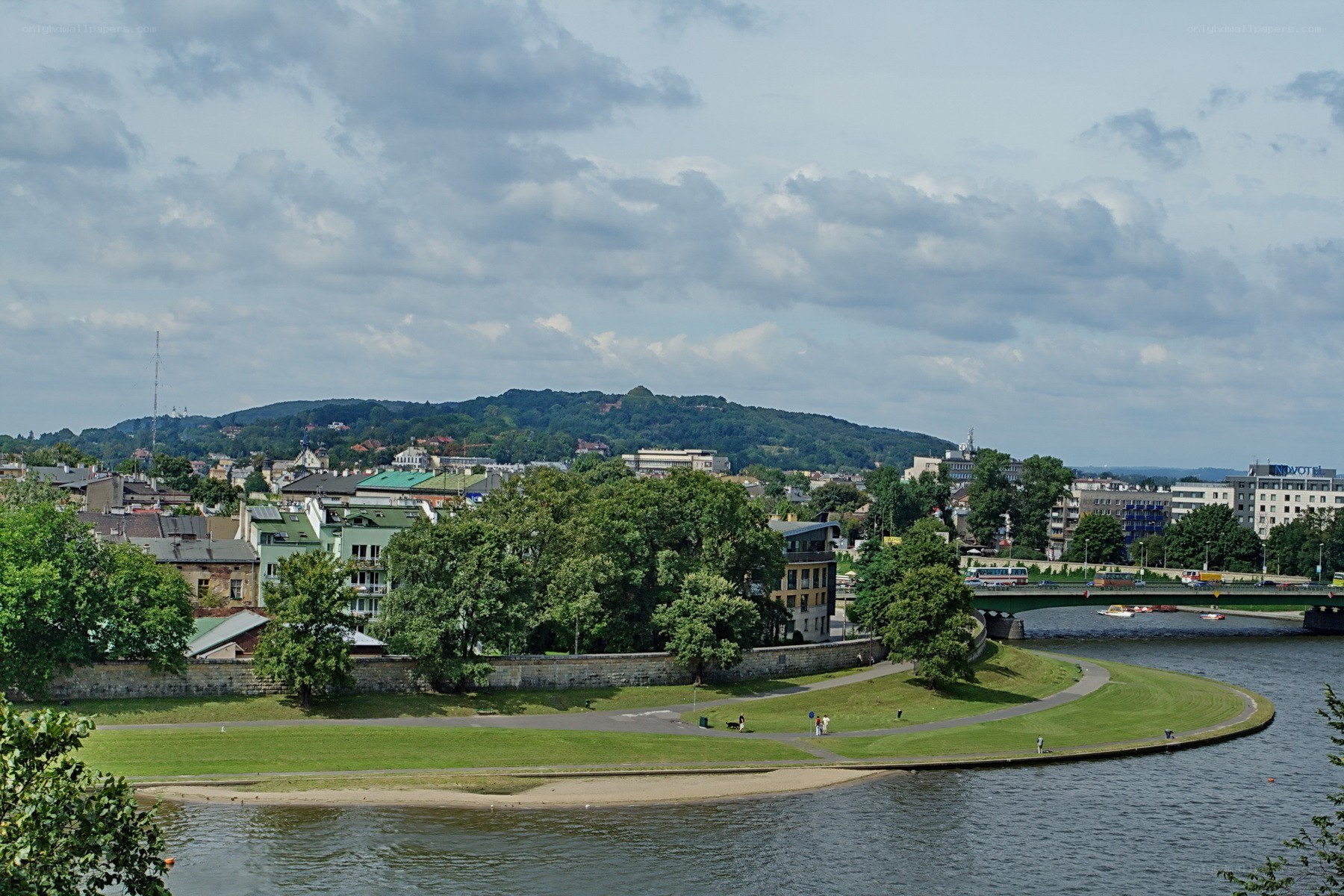 City view with river and hill