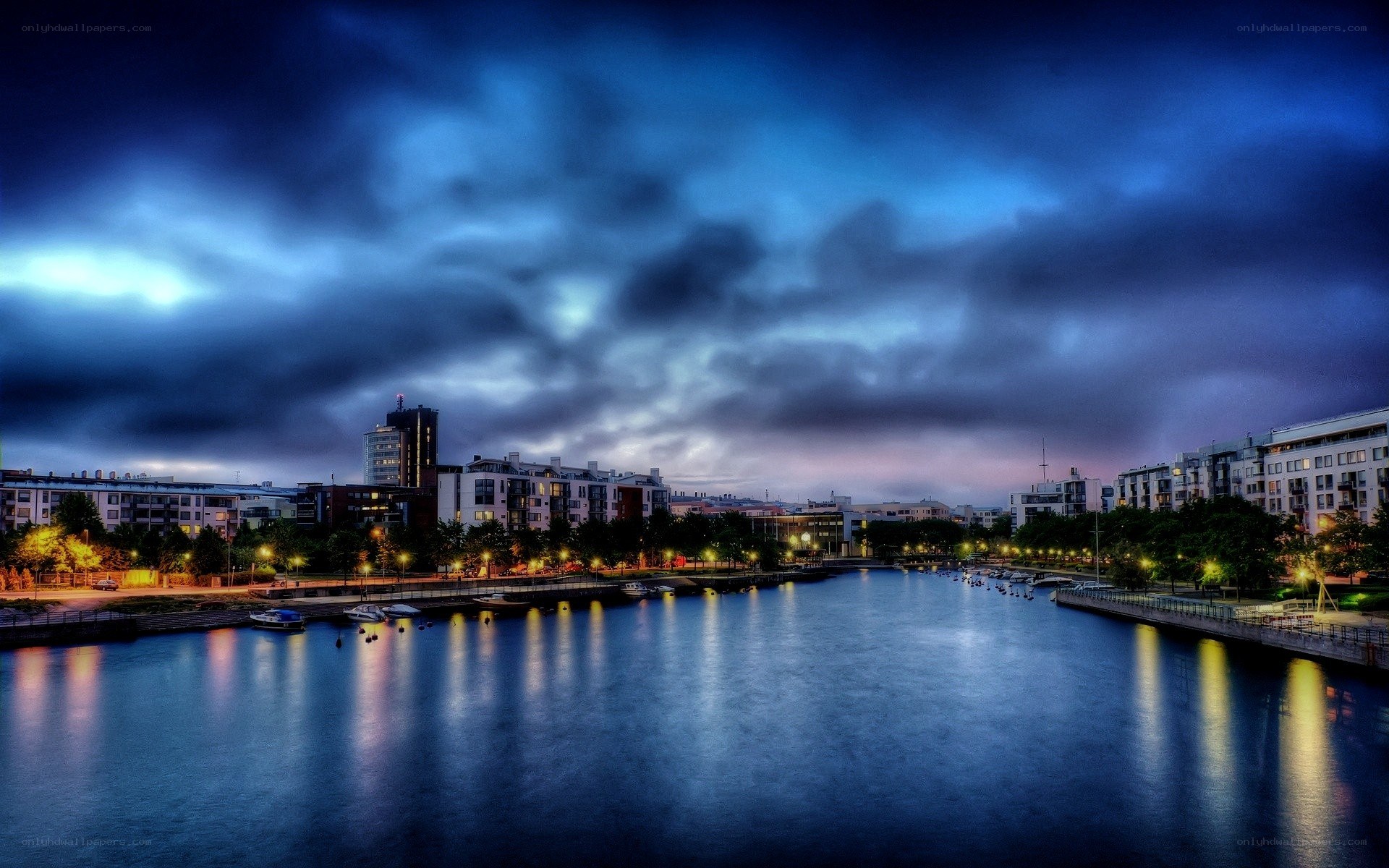 City waterfront at dusk