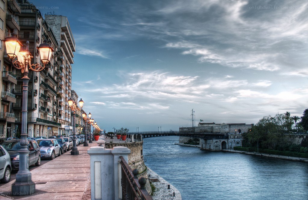 City waterfront at dusk
