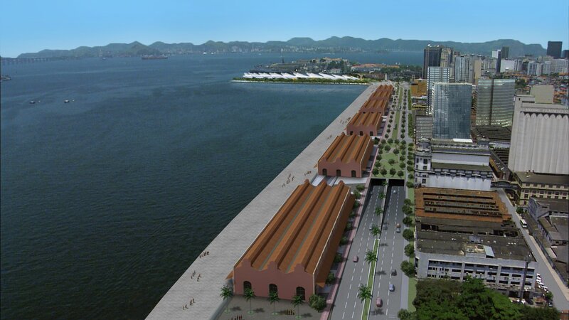 City waterfront with historic buildings