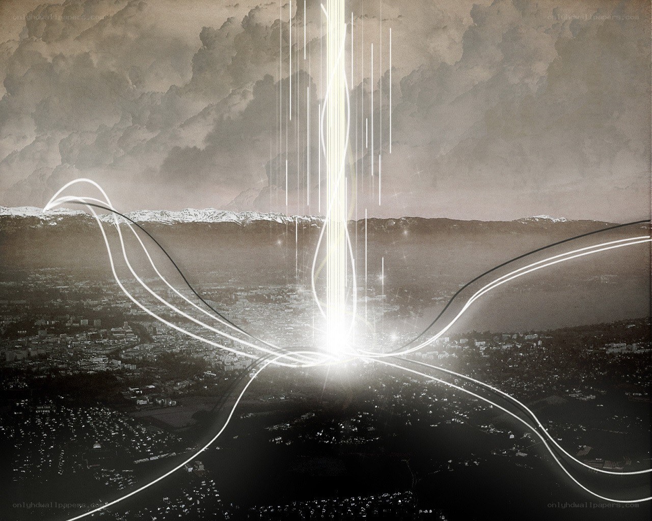 City with glowing light beams