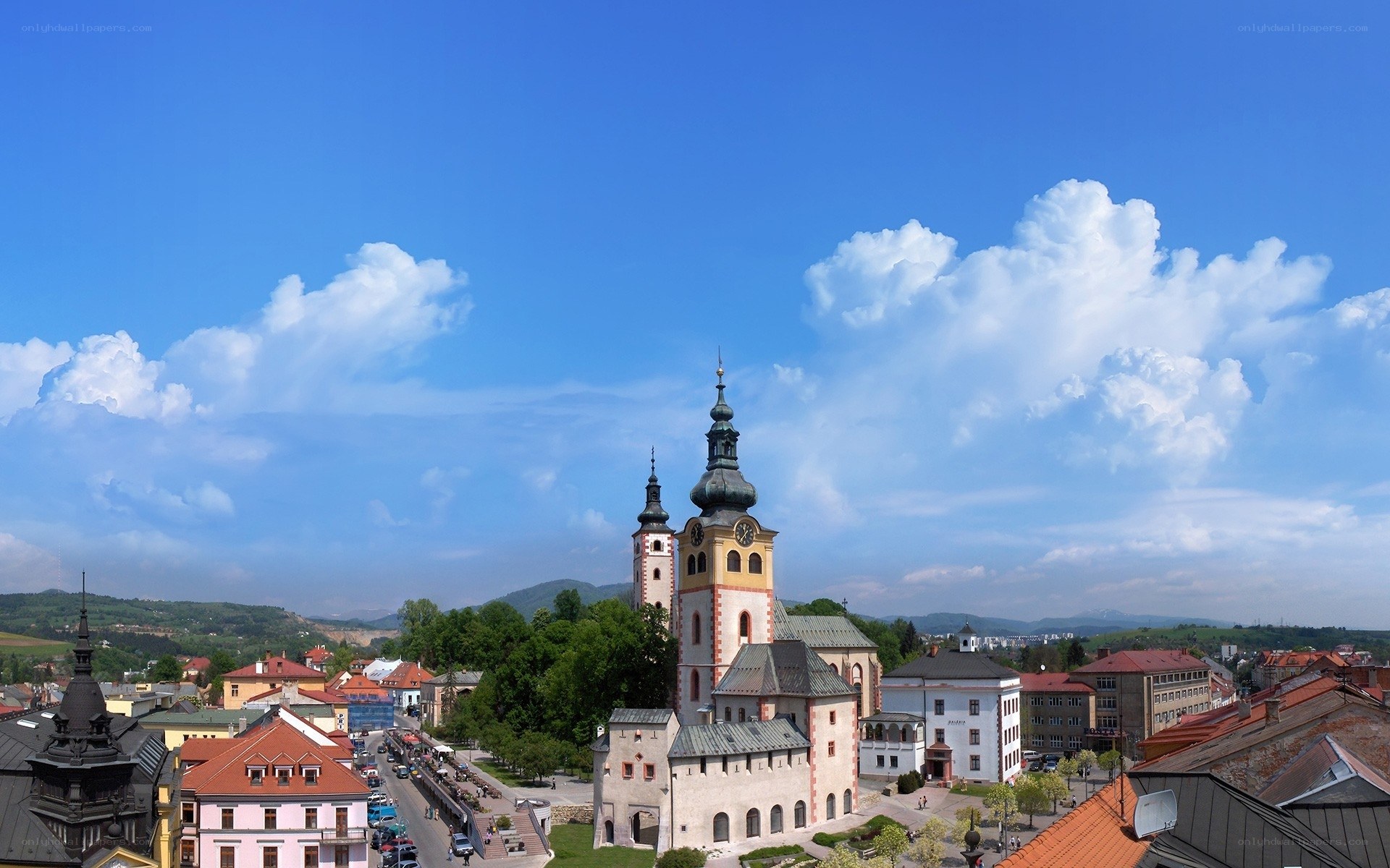 City with historic church towers
