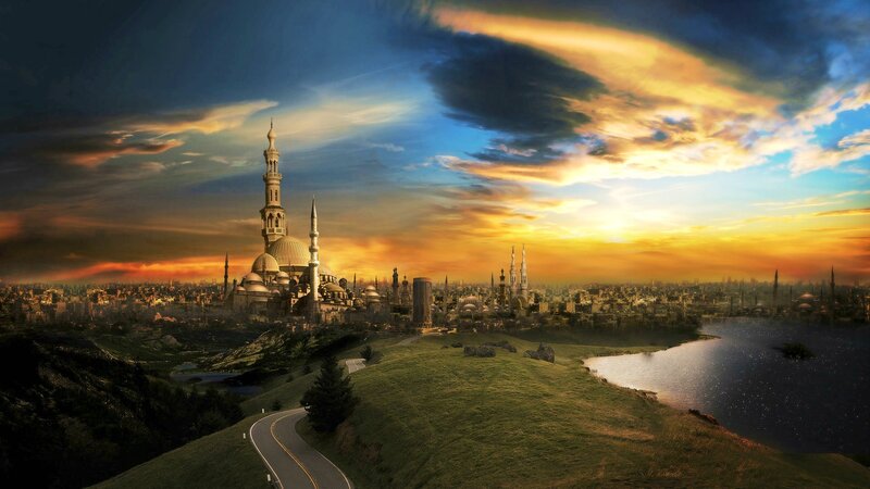 City with Mosque at Sunset — Blue