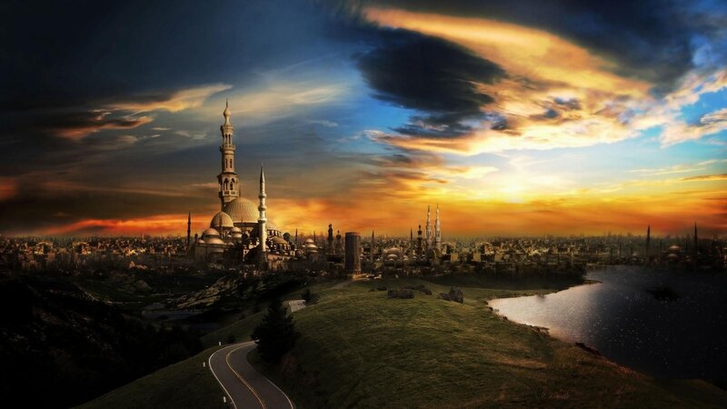 City with Mosque at Sunset — Orange, Dramatic, Digital Art, Minarets, Dome
