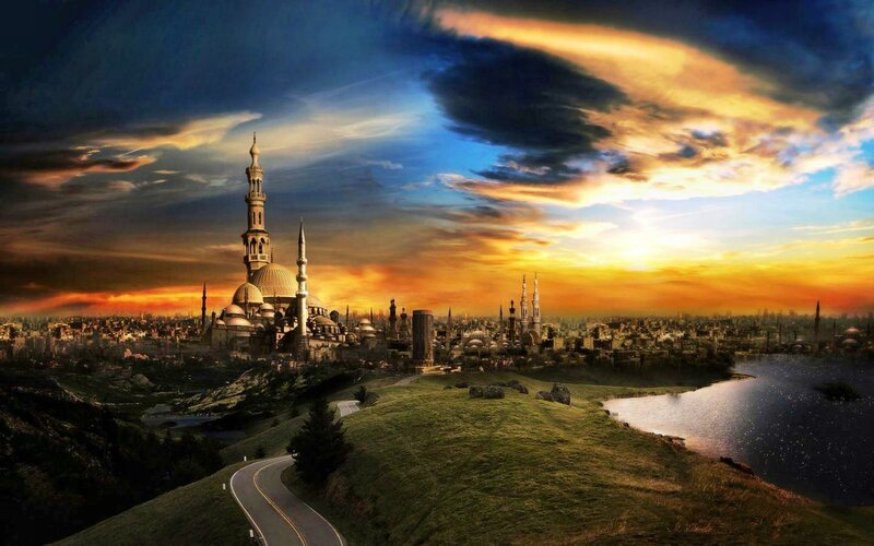 City with Mosque at Sunset — Orange, Dramatic, Digital Art, Minarets, River
