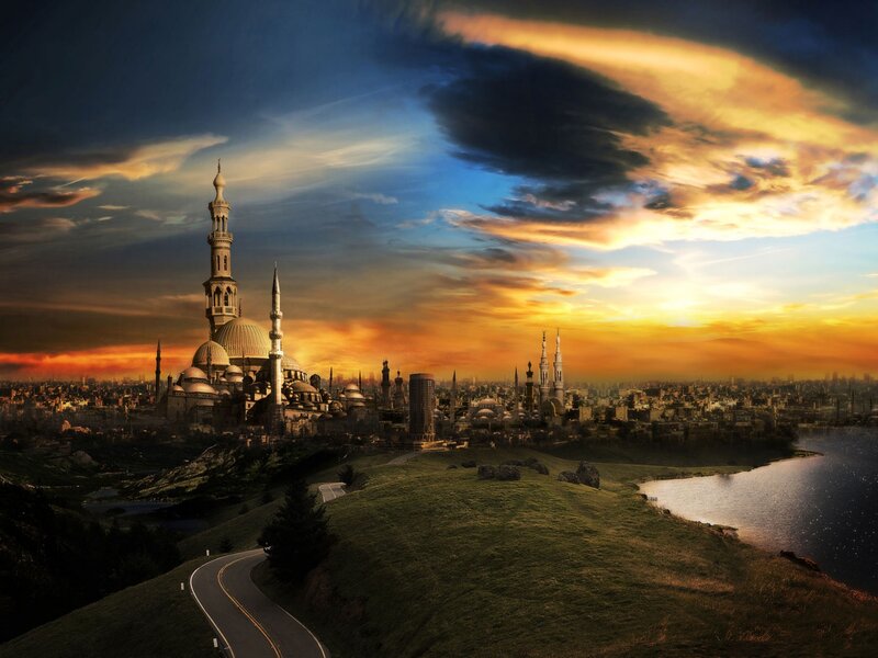 City with Mosque at Sunset — Orange, Dramatic, Digital Art, Minarets, Road, Blue