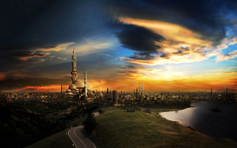 City with Mosque at Sunset — Orange, Dramatic, Digital Art, Minarets