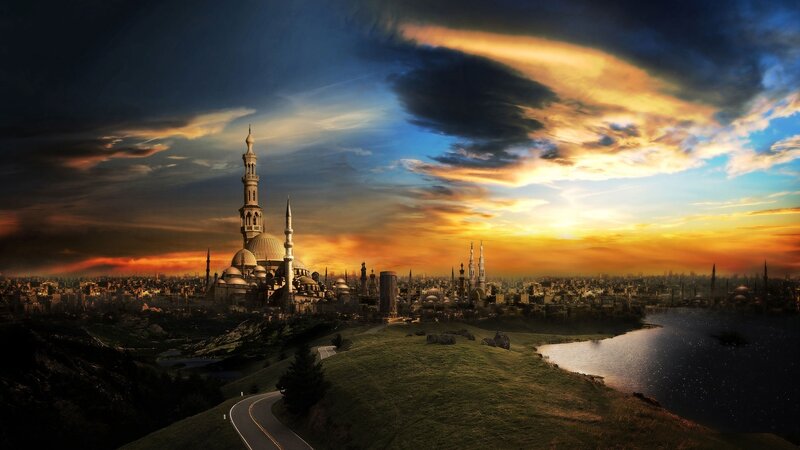 City with Mosque at Sunset — Orange