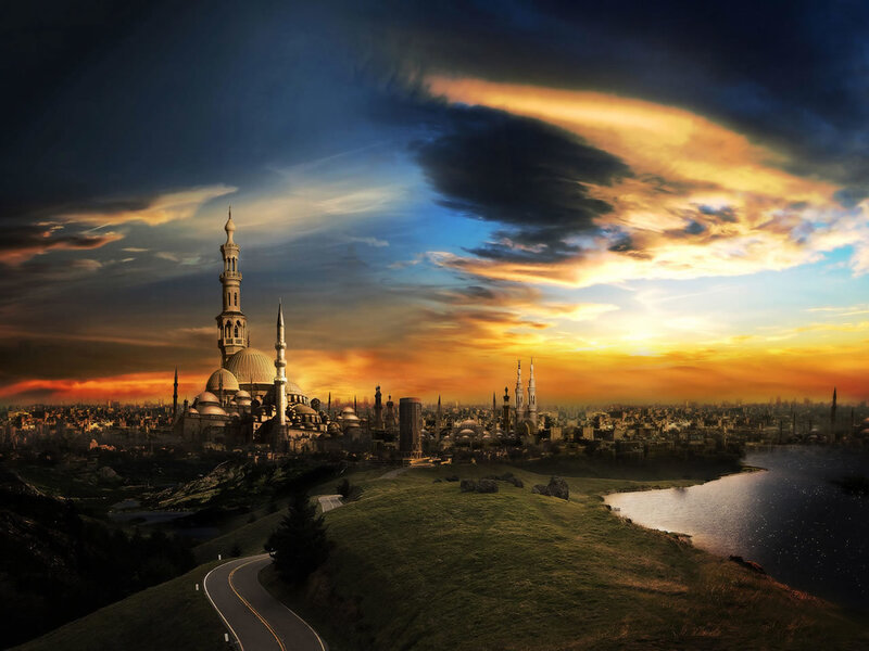 City with Mosque at Sunset