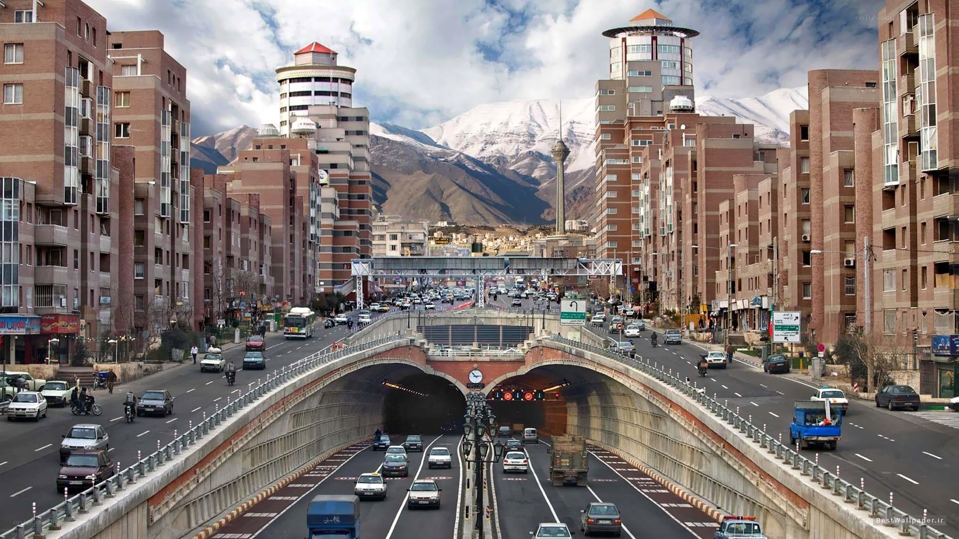 City with mountains in background