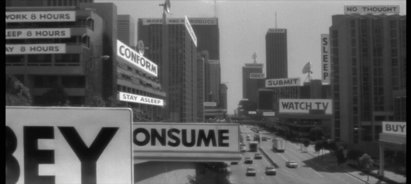 city with propaganda signs