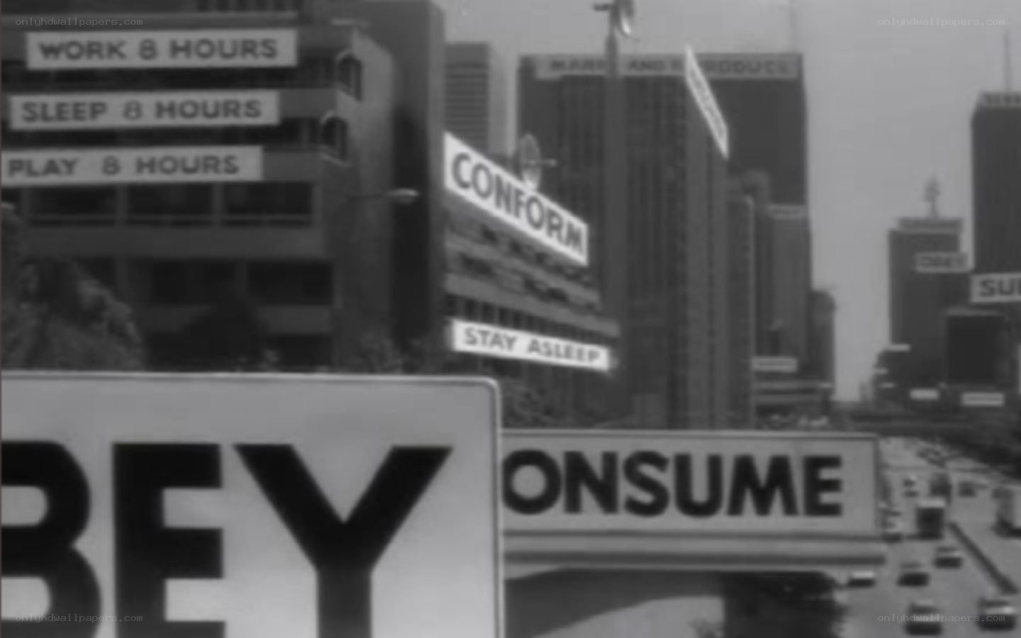 city with propaganda signs