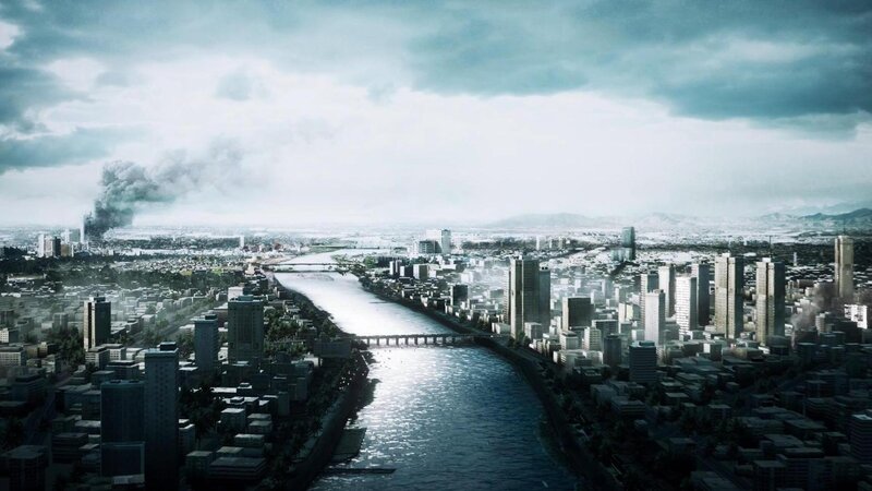 City with River and Smoke — Gray, Dramatic, Afternoon