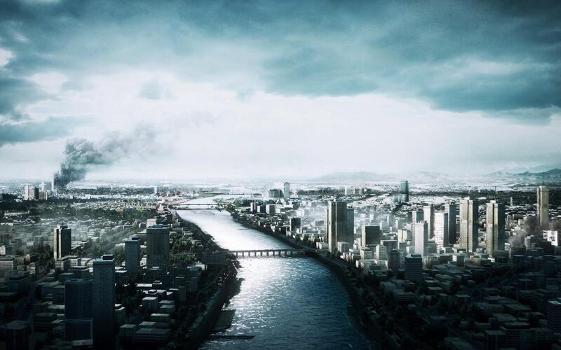 City with River and Smoke — Gray