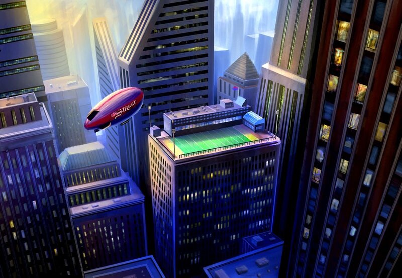 city with rooftop football field