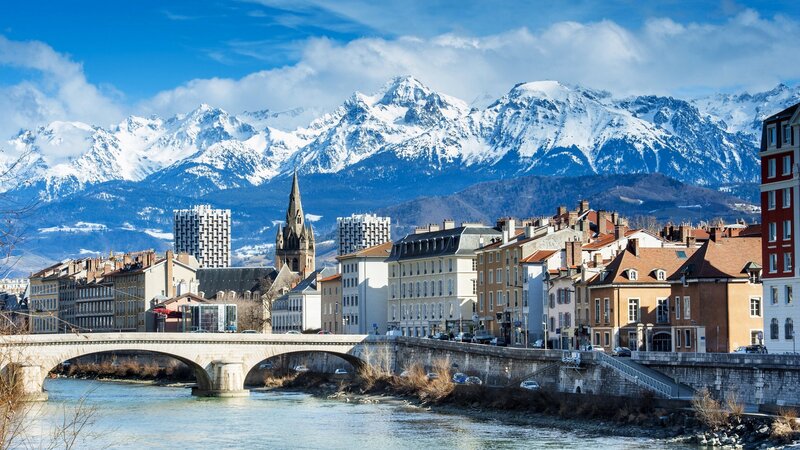 City with Snow-capped Mountains — Blue, Serene, Afternoon