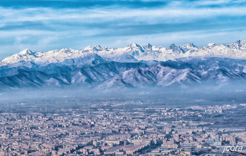 City with Snow-capped Mountains — Blue, Serene, Winter, Photograph