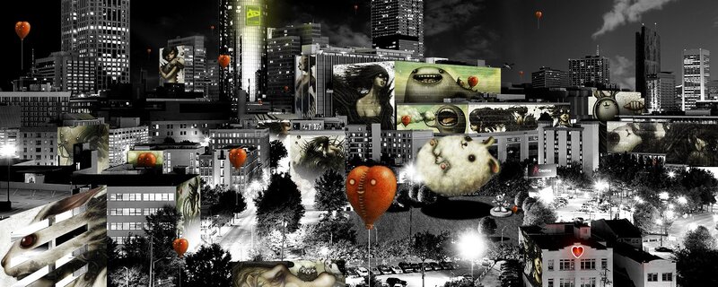 City with surreal art installations