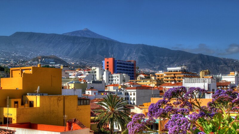 City with Volcano Backdrop
