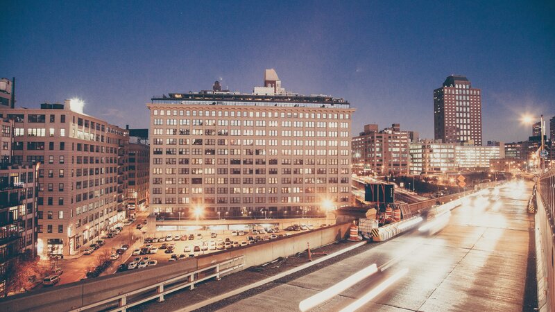 Cityscape at Dusk — Blue, Calm, Night, Photograph, Buildings, Highway