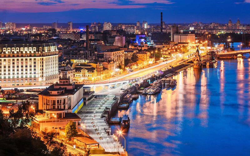 Cityscape at Dusk — Blue, Calm, Night, Photograph, River