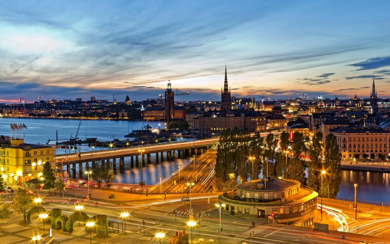 Cityscape at Dusk — Blue, Calm, Sunset, Photograph, Bridge