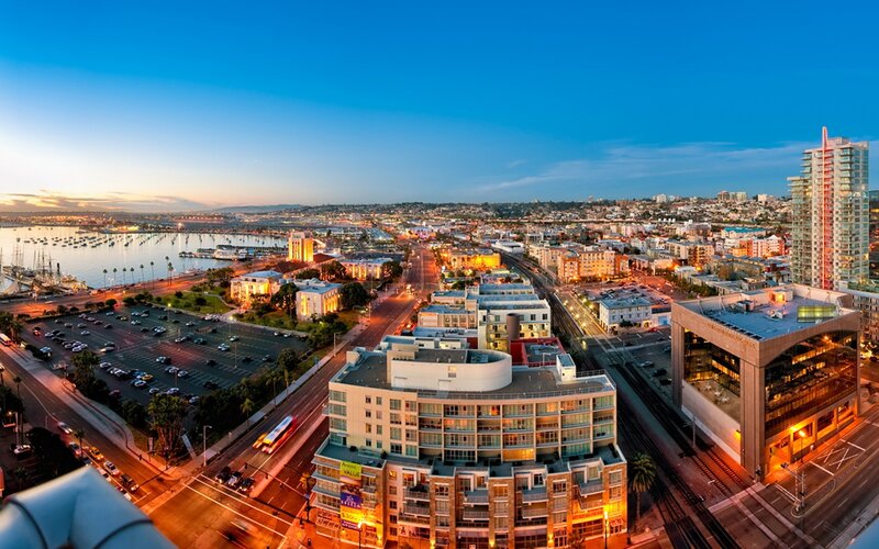 Cityscape at Dusk — Blue, Calm, Sunset, Photograph, Buildings