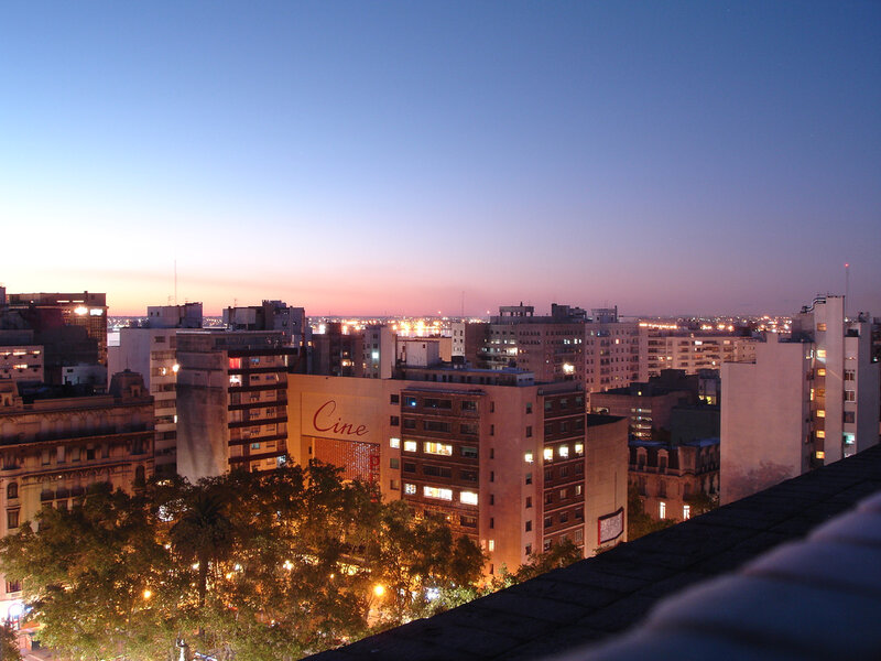 Cityscape at Dusk — Blue, Calm, Sunset, Photograph, Buildings, Trees