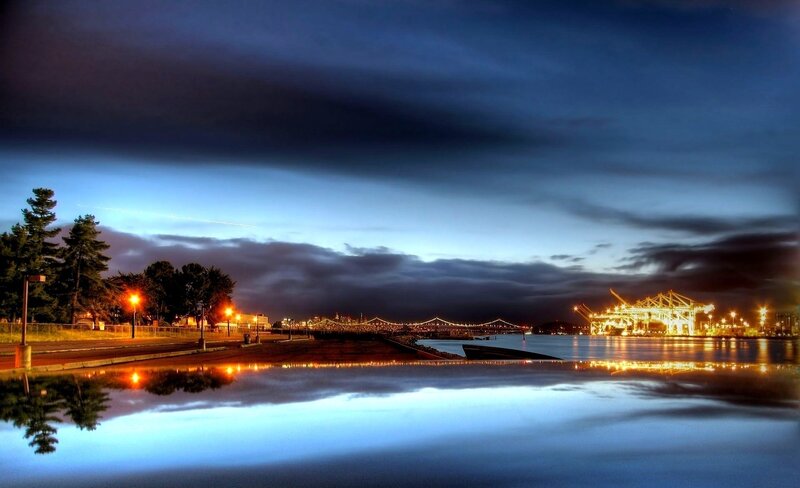 Cityscape at Dusk — Blue, Dramatic, Night, Photograph, Bridge