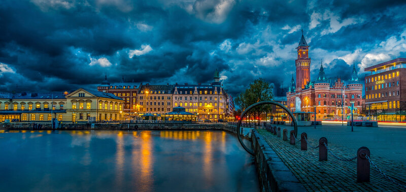 Cityscape at Dusk — Blue, Dramatic, Night, Photograph, Buildings, River