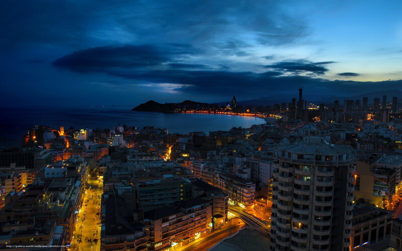 Cityscape at Dusk — Blue, Dramatic, Night, Photograph, Buildings, Sea