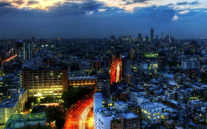 Cityscape at Dusk — Blue, Dramatic, Night, Photograph, Buildings