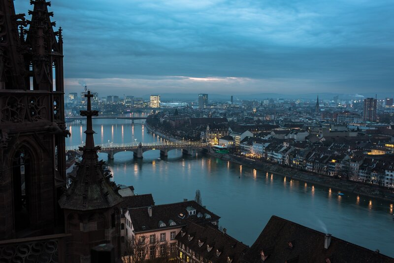 Cityscape at Dusk — Blue, Dramatic, Night, Photograph, River, Bridge