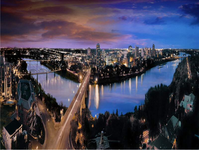 Cityscape at Dusk — Blue, Dramatic, Night, Photograph, River, Bridges