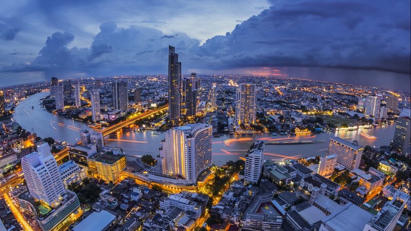 Cityscape at Dusk — Blue, Dramatic, Night, Photograph, River, Skyscrapers