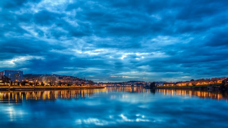 Cityscape at Dusk — Blue, Dramatic, Night, Photograph, Sky, River