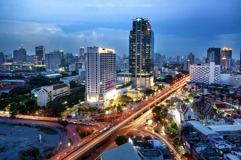 Cityscape at Dusk — Blue, Dramatic, Night, Photograph, Skyscrapers, Highway, Temple