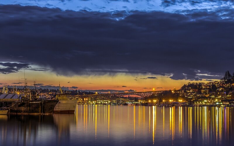 Cityscape at Dusk — Blue, Dramatic, Sunset, Photograph, Bridge