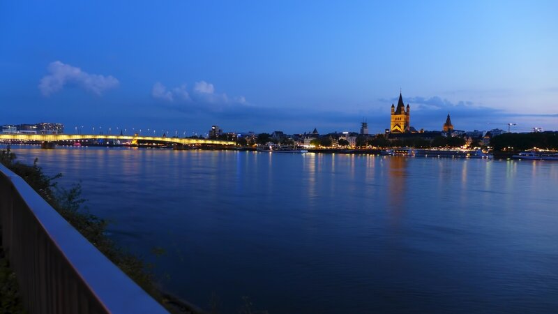 Cityscape at Dusk — Blue, Serene, Night, Photograph, River, Bridge
