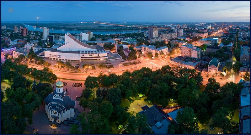 Cityscape at Dusk — Blue, Serene, Night, Photograph, River, Church, Building