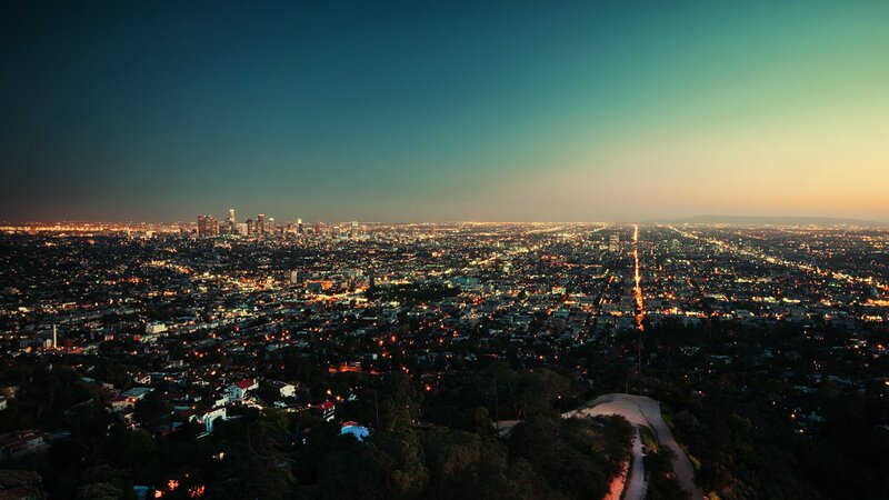 Cityscape at Dusk — Blue, Serene, Night, Photograph, Skyscraper, Road, Trees