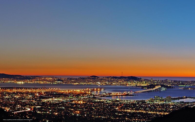 Cityscape at Dusk — Blue, Serene, Sunset, Photograph, Bridge, Bay