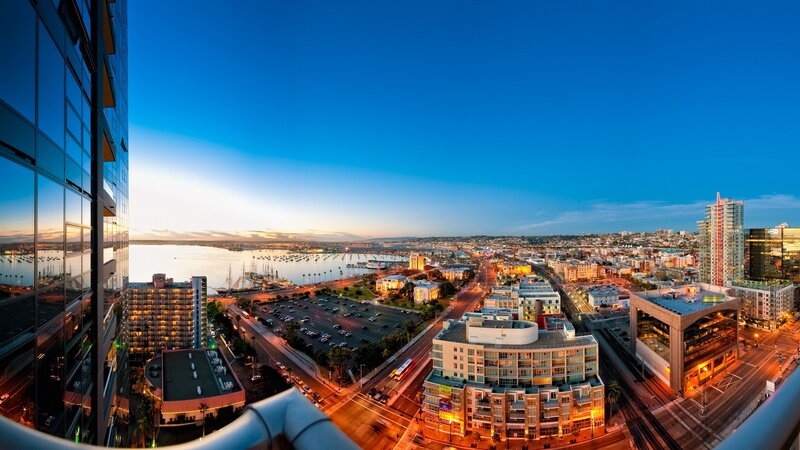 Cityscape at Dusk — Blue, Serene, Sunset, Photograph, Buildings, Harbor