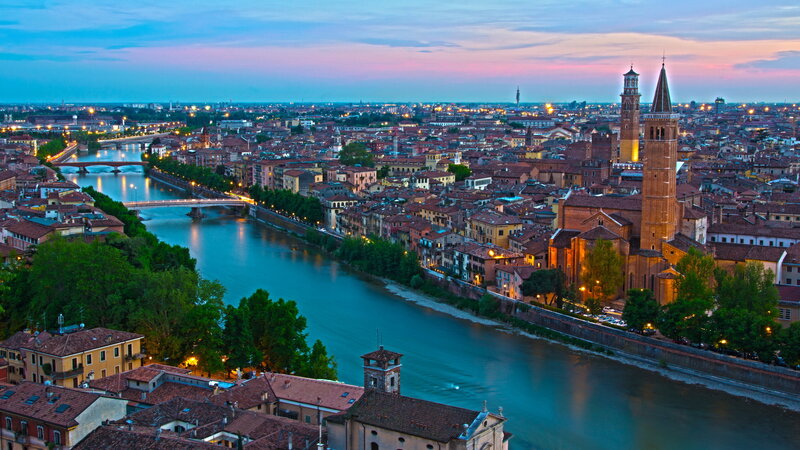Cityscape at Dusk — Blue, Serene, Sunset, Photograph, River, Church