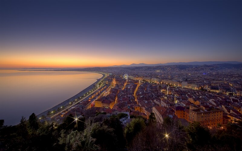 Cityscape at Dusk — Blue, Serene, Sunset, Photograph, Sea