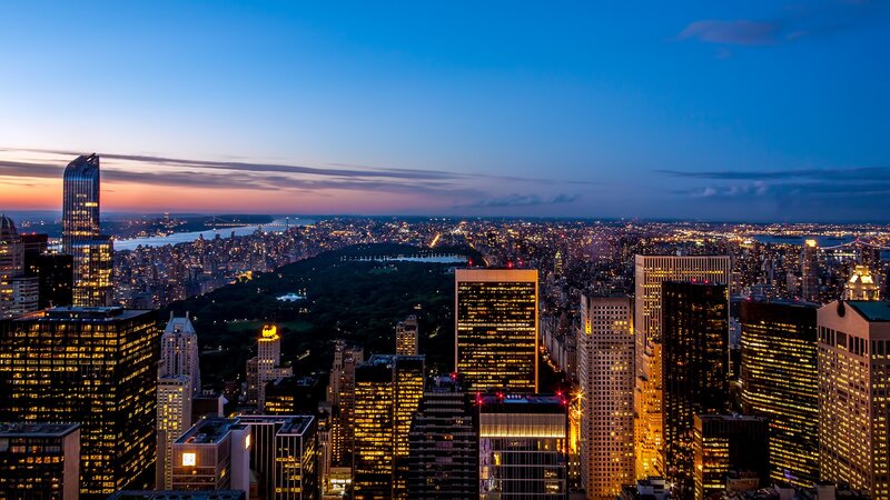 Cityscape at Dusk — Blue, Serene, Sunset, Photograph, Skyscrapers